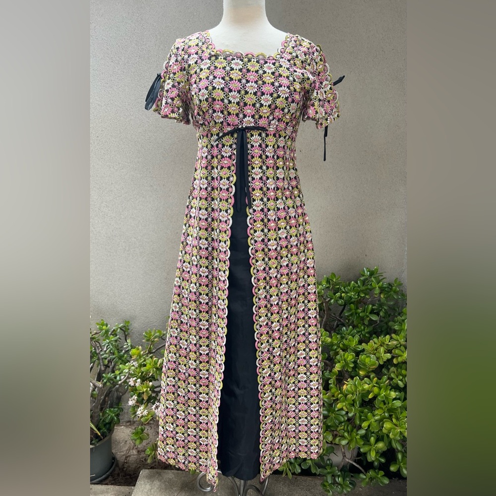 Vintage 70s maxi dress empire waist embroidered lace black lining Sz XS handmade - Picture 1 of 13